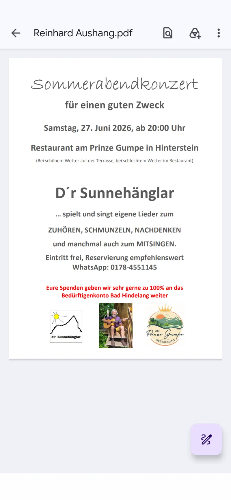 Benefizkonzert mit d'r Sunnehänglar in Hinterstein