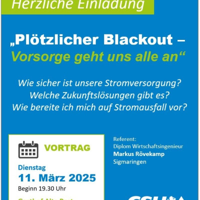 Vortrag „Plötzlicher Blackout – Vorsorge geht uns alle an“ in Kimratshofen